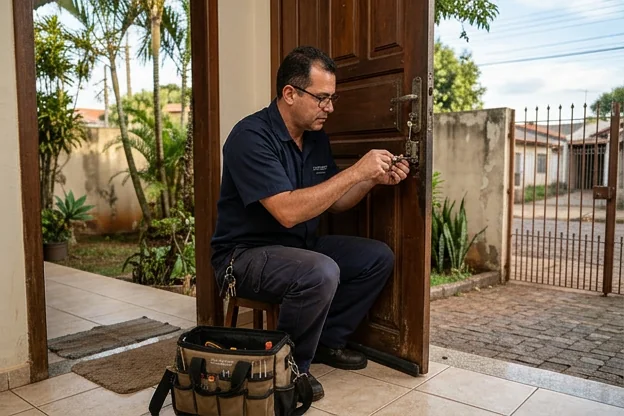Chaveiro fazendo manutenção em uma fechadura em Foz do Iguaçu, assegurando funcionalidade.