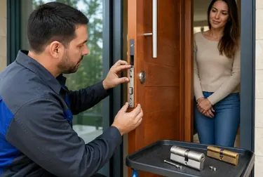 Chaveiro realizando a troca de uma fechadura em uma porta em Foz do Iguaçu.